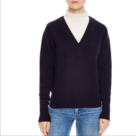Sandro Paris Jacques Deep Navy Layered Wool Blend Sweater Size M - Picture 1 of 15